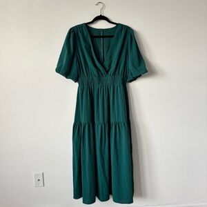 Women's Green Teal V-Neck Tiered Midi Dress